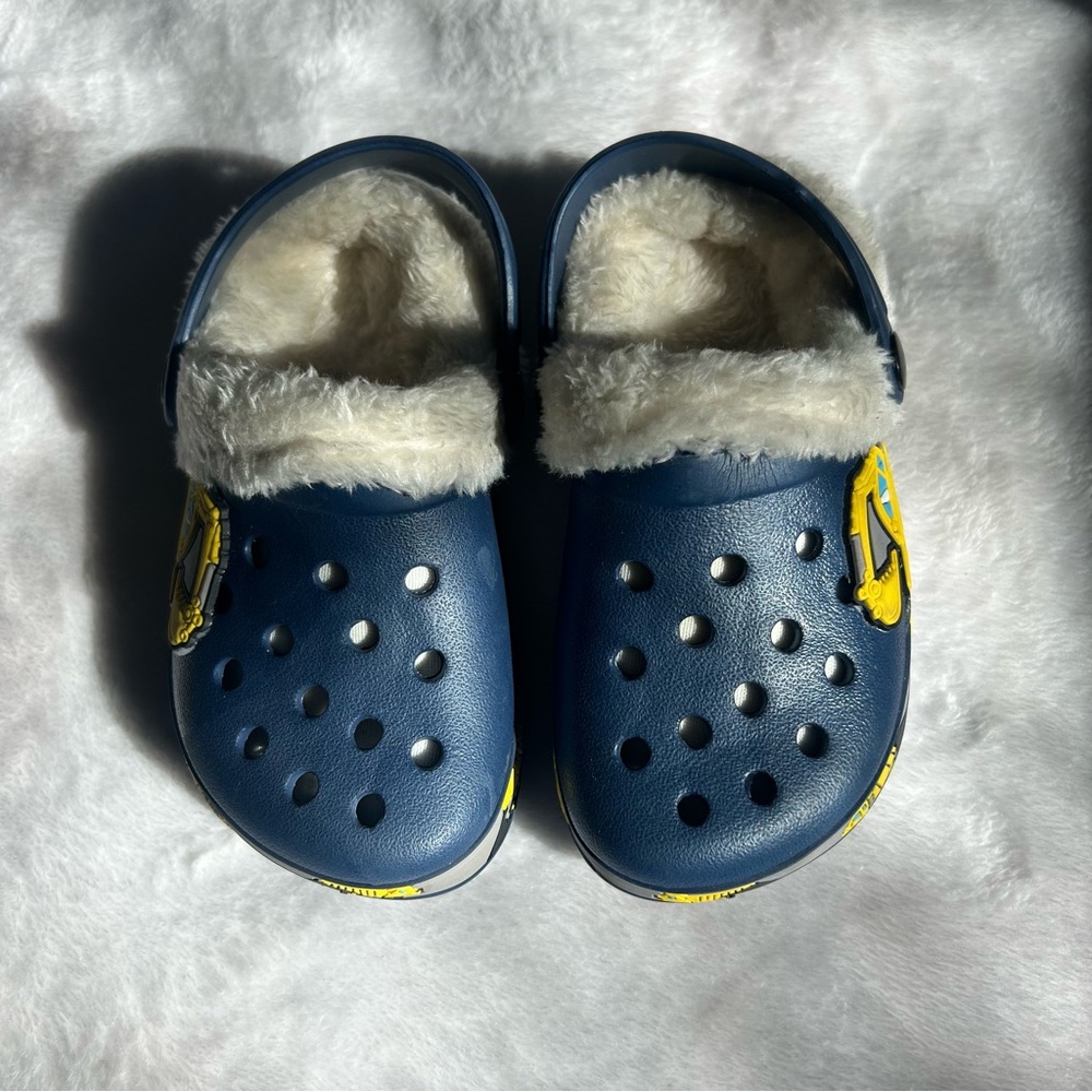 Blue Fur Lined Clogs with Yellow Accents Trucks